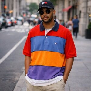Tommy Hilfiger Polo Shirt XL Colorblock Rugby Stripe Red Blue Orange Purple